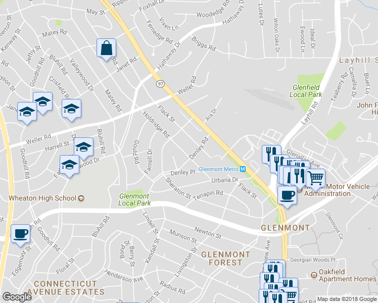 map of restaurants, bars, coffee shops, grocery stores, and more near 12603 Holdridge Rd in Silver Spring