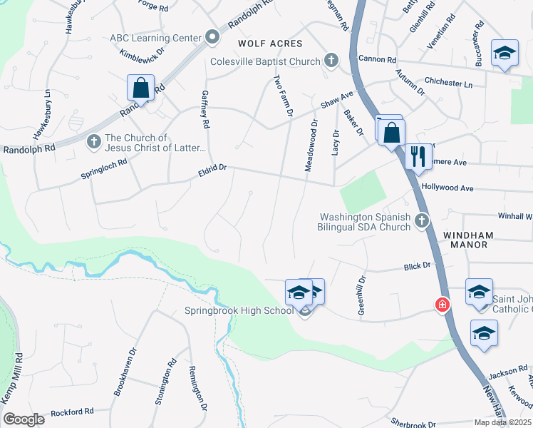 map of restaurants, bars, coffee shops, grocery stores, and more near 12520 Two Farm Drive in Silver Spring