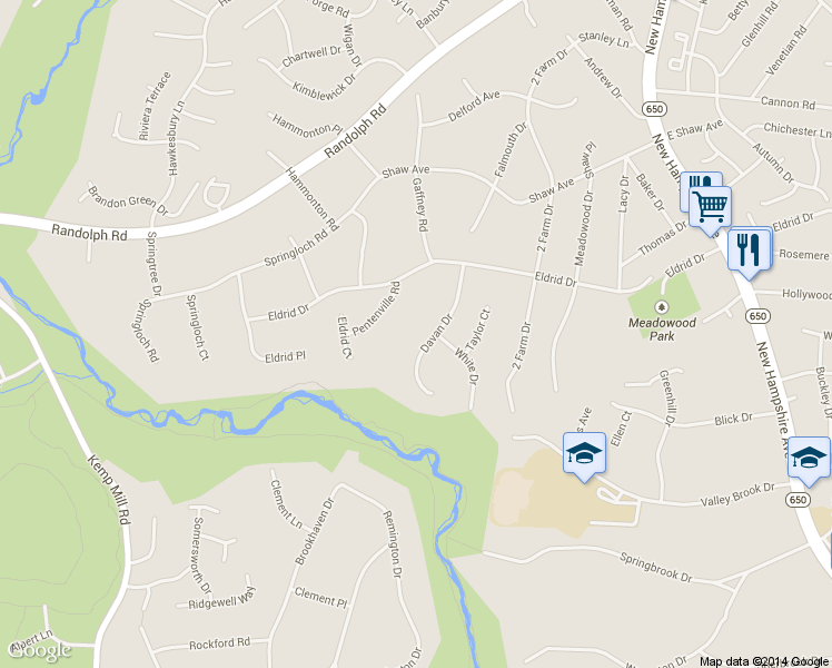 map of restaurants, bars, coffee shops, grocery stores, and more near 12518 Davan Drive in Silver Spring