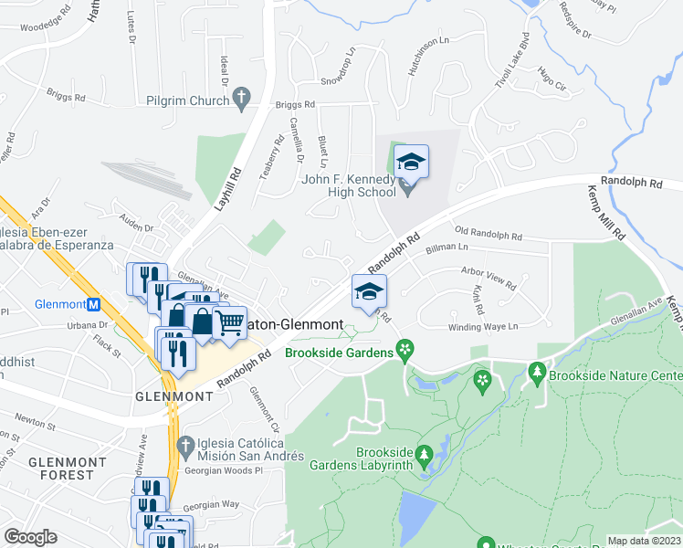 map of restaurants, bars, coffee shops, grocery stores, and more near 12600 English Orchard Court in Silver Spring