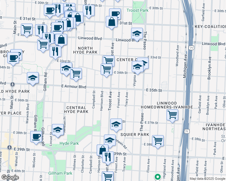 map of restaurants, bars, coffee shops, grocery stores, and more near 3500 Troost Avenue in Kansas City
