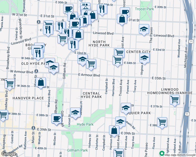 map of restaurants, bars, coffee shops, grocery stores, and more near 801 East Armour Boulevard in Kansas City