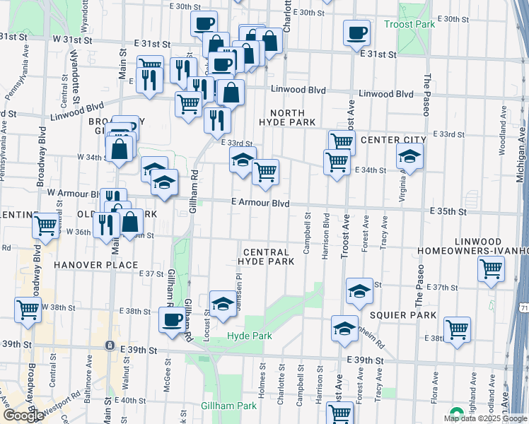 map of restaurants, bars, coffee shops, grocery stores, and more near 3617 Holmes Street in Kansas City
