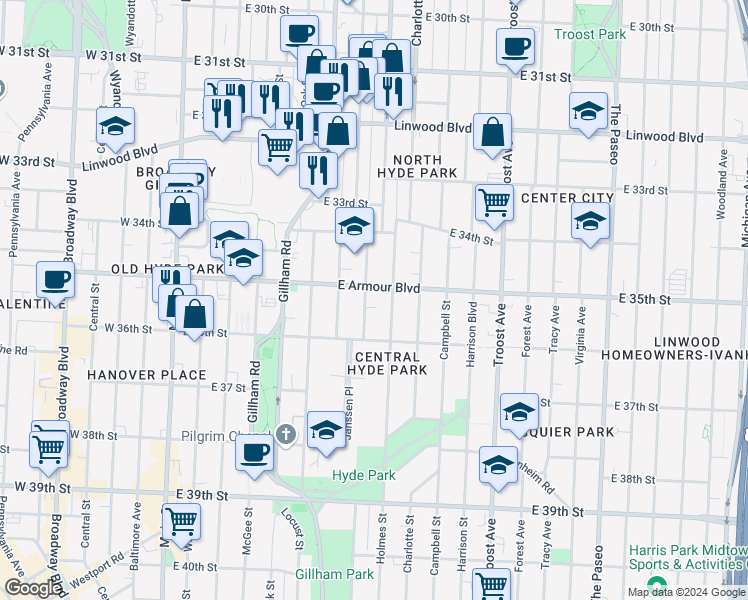 map of restaurants, bars, coffee shops, grocery stores, and more near 633 East Armour Boulevard in Kansas City