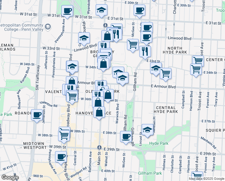 map of restaurants, bars, coffee shops, grocery stores, and more near 3521 Walnut Street in Kansas City
