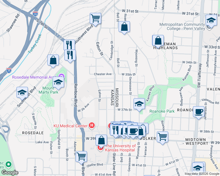 map of restaurants, bars, coffee shops, grocery stores, and more near 1912 Federal Avenue in Kansas City