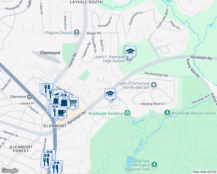 map of restaurants, bars, coffee shops, grocery stores, and more near 12600 English Orchard Court in Silver Spring