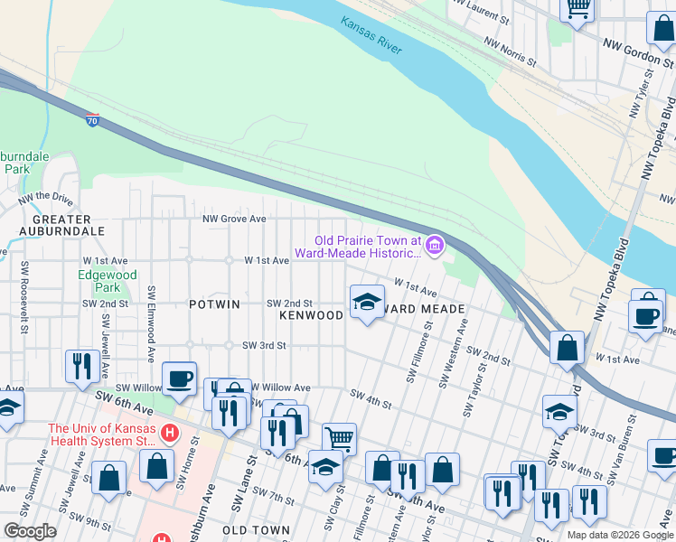 map of restaurants, bars, coffee shops, grocery stores, and more near 107 Southwest Quinton Avenue in Topeka