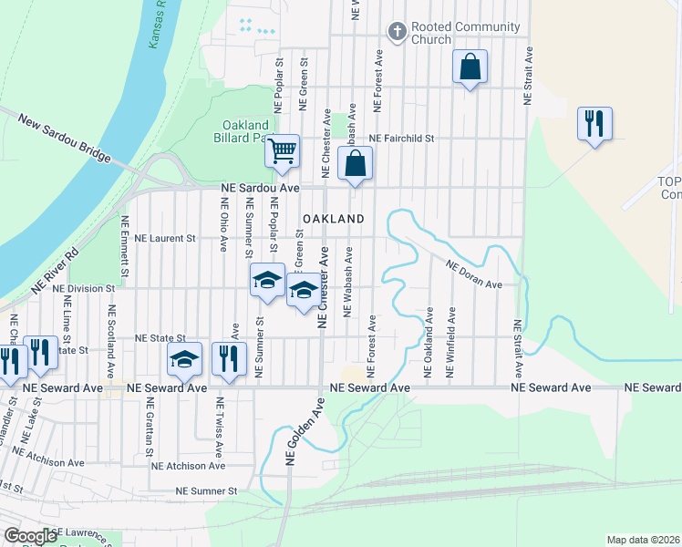map of restaurants, bars, coffee shops, grocery stores, and more near 613 Northeast Wabash Avenue in Topeka