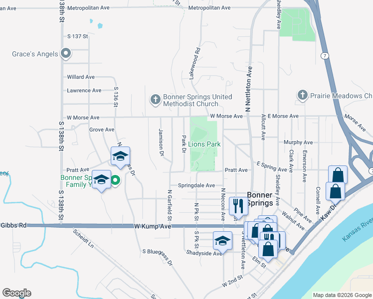 map of restaurants, bars, coffee shops, grocery stores, and more near 445 Park Drive in Bonner Springs