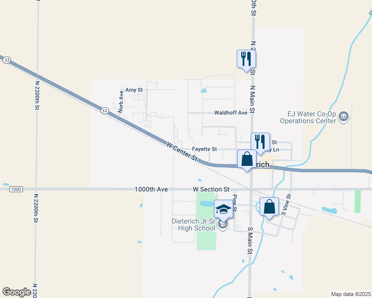 map of restaurants, bars, coffee shops, grocery stores, and more near 350 Fayette Street in Dieterich