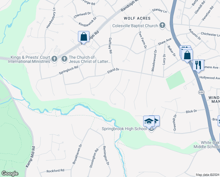 map of restaurants, bars, coffee shops, grocery stores, and more near 12518 Davan Drive in Silver Spring