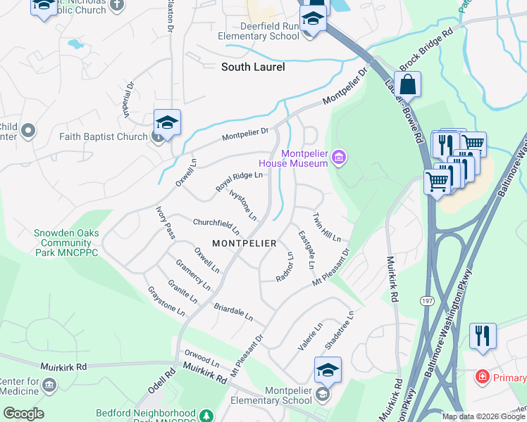 map of restaurants, bars, coffee shops, grocery stores, and more near 12604 Cedarbrook Lane in Laurel