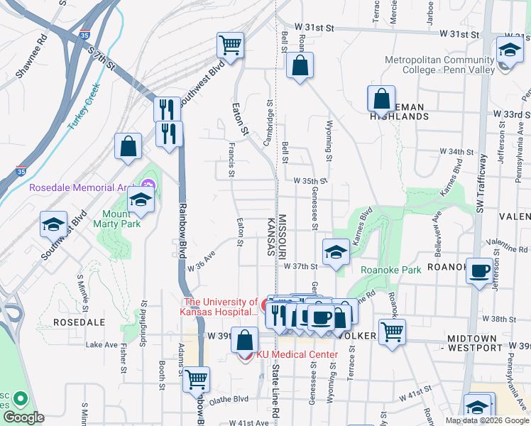 map of restaurants, bars, coffee shops, grocery stores, and more near 1912 Federal Avenue in Kansas City