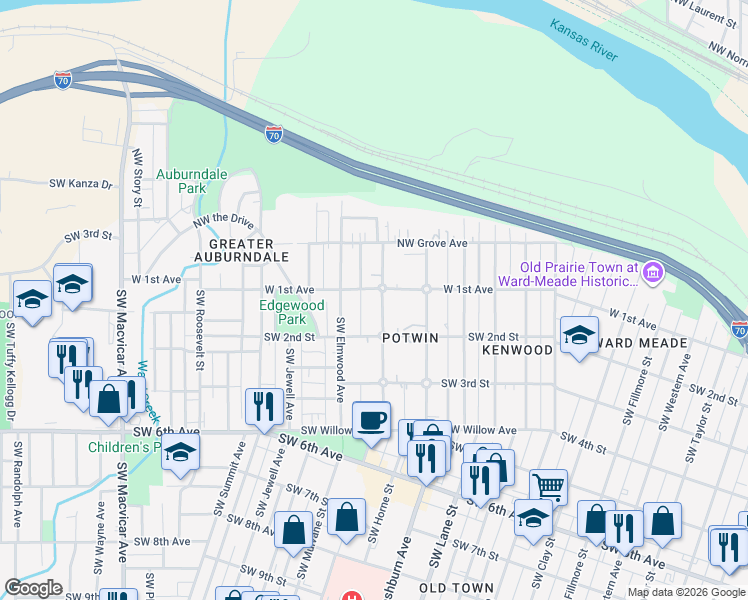 map of restaurants, bars, coffee shops, grocery stores, and more near 207 Southwest Woodlawn Avenue in Topeka