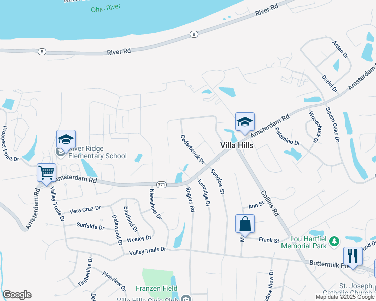 map of restaurants, bars, coffee shops, grocery stores, and more near 1020 Cedarbrook Drive in Villa Hills