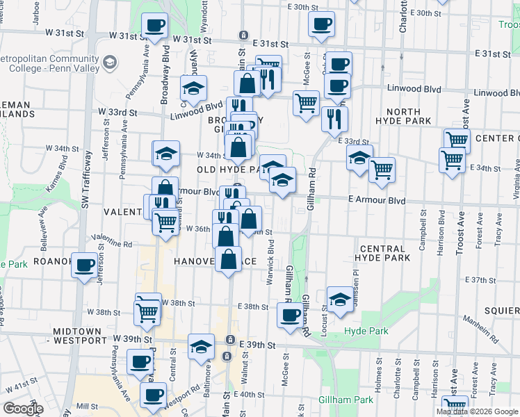 map of restaurants, bars, coffee shops, grocery stores, and more near 3521 Walnut Street in Kansas City