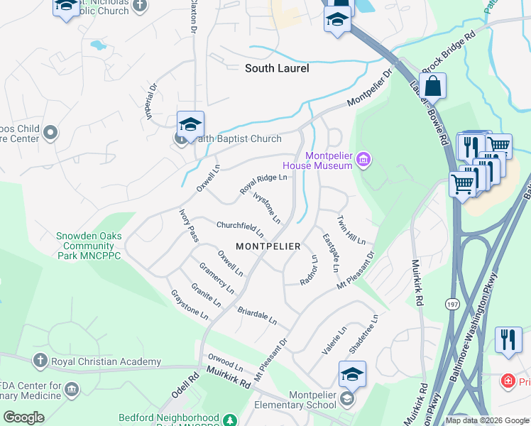 map of restaurants, bars, coffee shops, grocery stores, and more near 12606 Ivystone Lane in Laurel