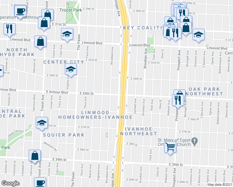map of restaurants, bars, coffee shops, grocery stores, and more near 3438 Michigan Avenue in Kansas City