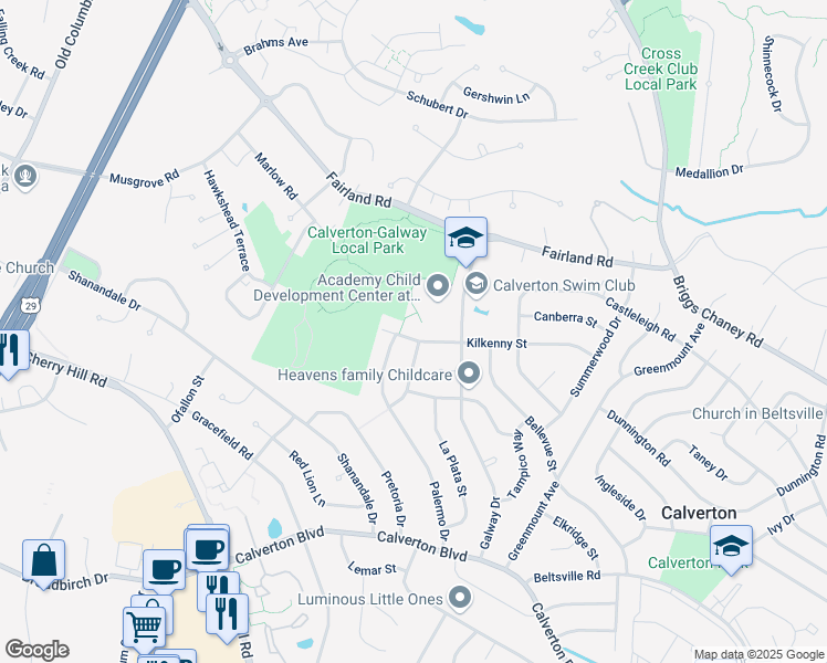 map of restaurants, bars, coffee shops, grocery stores, and more near 3122 Kilkenny Street in Silver Spring