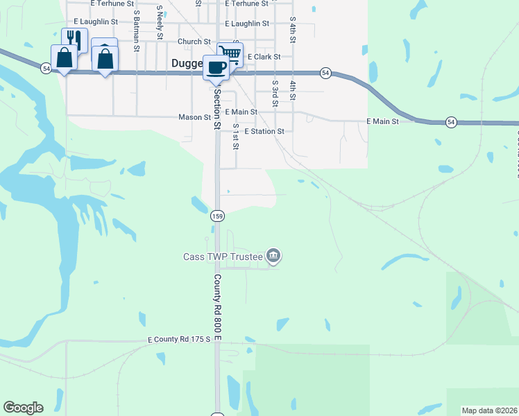 map of restaurants, bars, coffee shops, grocery stores, and more near 8158 East County Road 125 South in Dugger