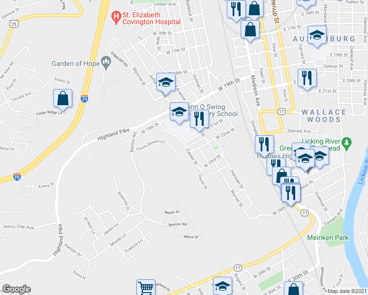 map of restaurants, bars, coffee shops, grocery stores, and more near 2105A Center Street in Covington