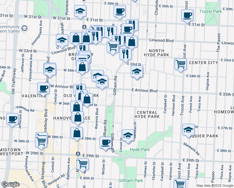 map of restaurants, bars, coffee shops, grocery stores, and more near 3511 Gillham Road in Kansas City