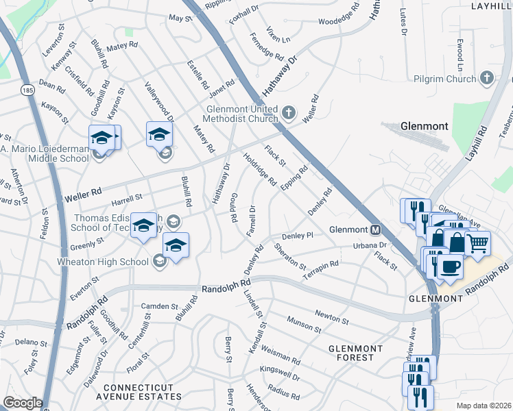 map of restaurants, bars, coffee shops, grocery stores, and more near 12621 Farnell Drive in Silver Spring