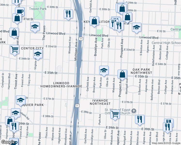 map of restaurants, bars, coffee shops, grocery stores, and more near 2108 East 35th Street in Kansas City