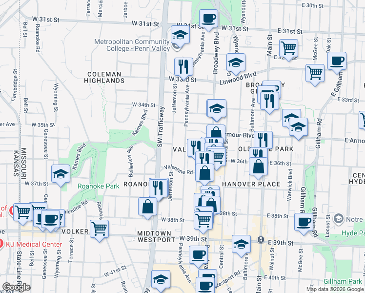 map of restaurants, bars, coffee shops, grocery stores, and more near 3542 Pennsylvania Avenue in Kansas City