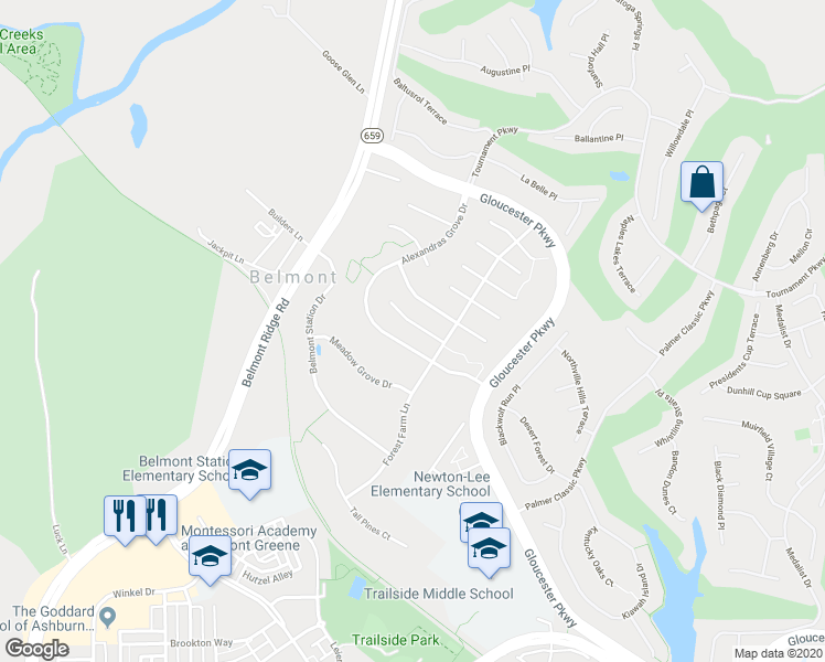 map of restaurants, bars, coffee shops, grocery stores, and more near 43247 Kimberly Anne Court in Ashburn