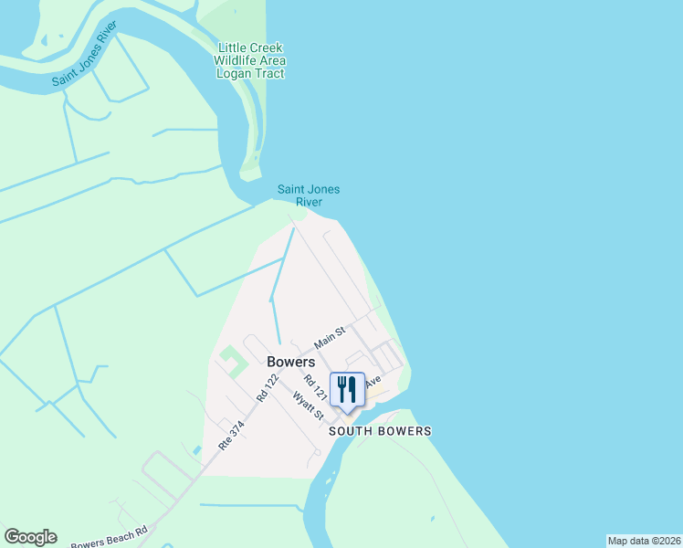 map of restaurants, bars, coffee shops, grocery stores, and more near 121 North Bayshore Drive in Frederica