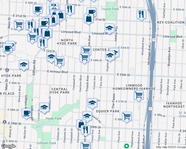 map of restaurants, bars, coffee shops, grocery stores, and more near 1205 East Armour Boulevard in Kansas City