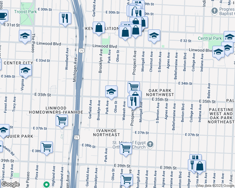 map of restaurants, bars, coffee shops, grocery stores, and more near 3439 Olive Street in Kansas City