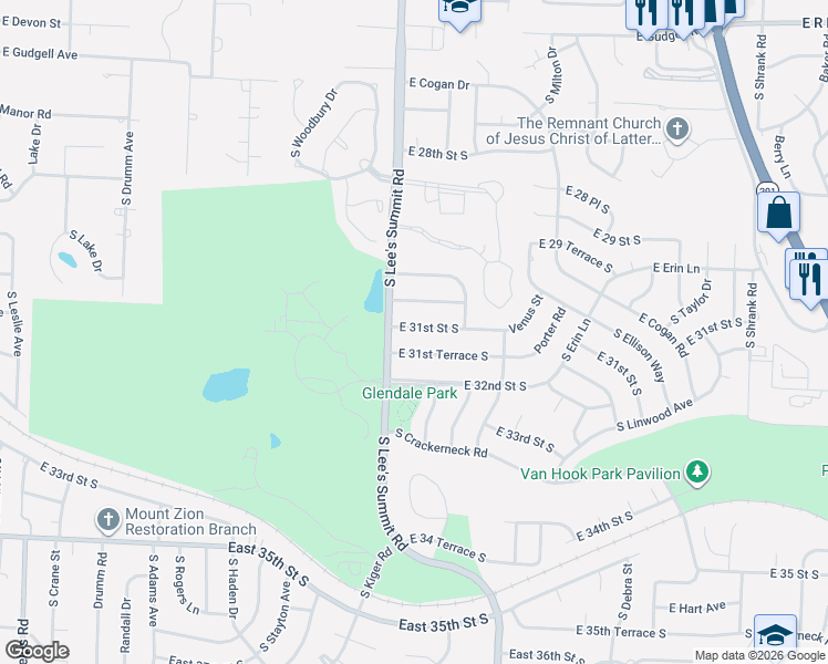 map of restaurants, bars, coffee shops, grocery stores, and more near 16009 East 31 Street South in Independence