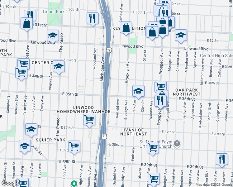 map of restaurants, bars, coffee shops, grocery stores, and more near 2108 East 35th Street in Kansas City