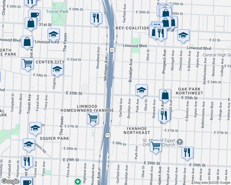 map of restaurants, bars, coffee shops, grocery stores, and more near 2000 East 35th Street in Kansas City