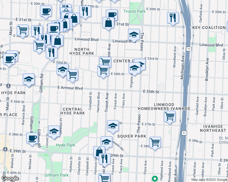 map of restaurants, bars, coffee shops, grocery stores, and more near 1205 East Armour Boulevard in Kansas City