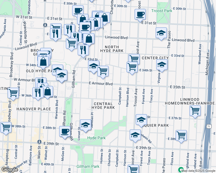 map of restaurants, bars, coffee shops, grocery stores, and more near 3617 Holmes Street in Kansas City