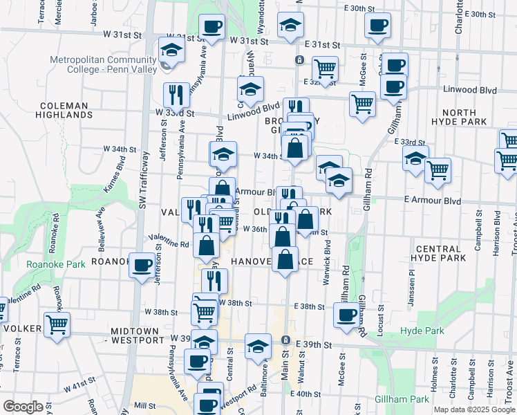 map of restaurants, bars, coffee shops, grocery stores, and more near 3525 Central Street in Kansas City