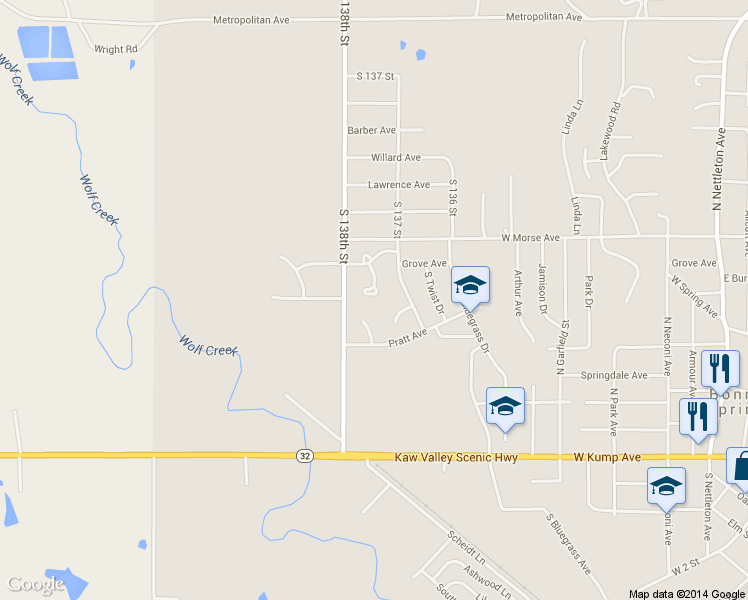 map of restaurants, bars, coffee shops, grocery stores, and more near 2047 Madison Drive in Bonner Springs