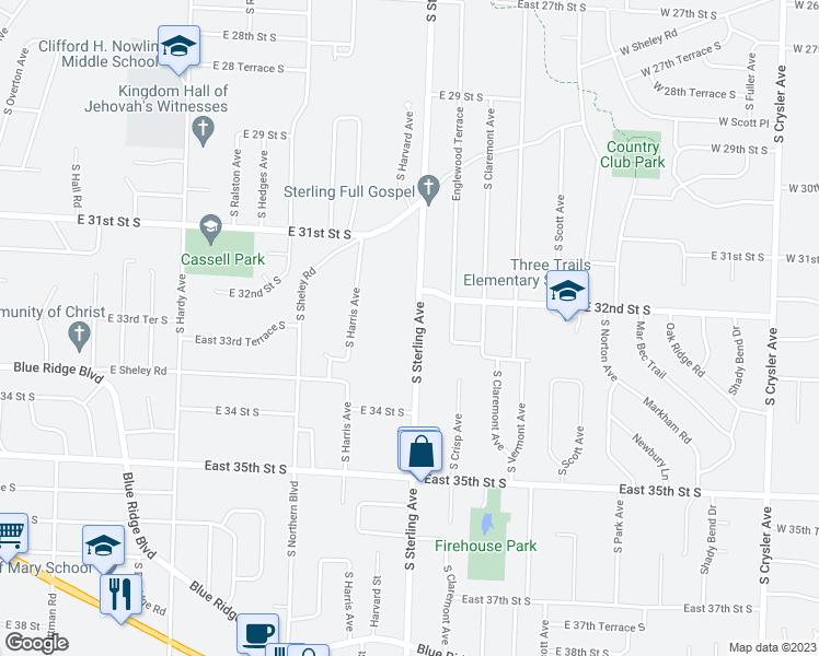 map of restaurants, bars, coffee shops, grocery stores, and more near 3302 South Sterling Avenue in Independence