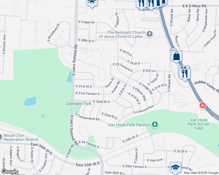 map of restaurants, bars, coffee shops, grocery stores, and more near 16409 East 31 Street South in Independence