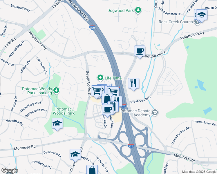 map of restaurants, bars, coffee shops, grocery stores, and more near 1233 Northside Park Boulevard in Potomac