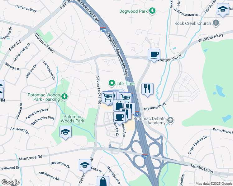 map of restaurants, bars, coffee shops, grocery stores, and more near 1211 Northside Park Boulevard in Rockville