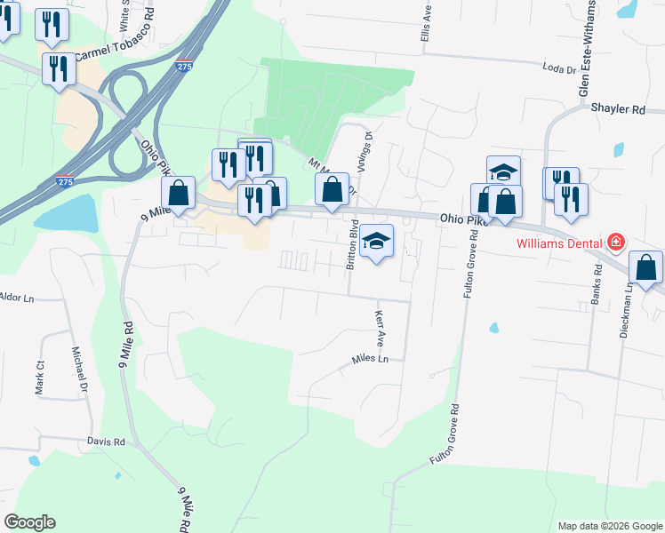 map of restaurants, bars, coffee shops, grocery stores, and more near 17 Carriage Station Drive in Cincinnati