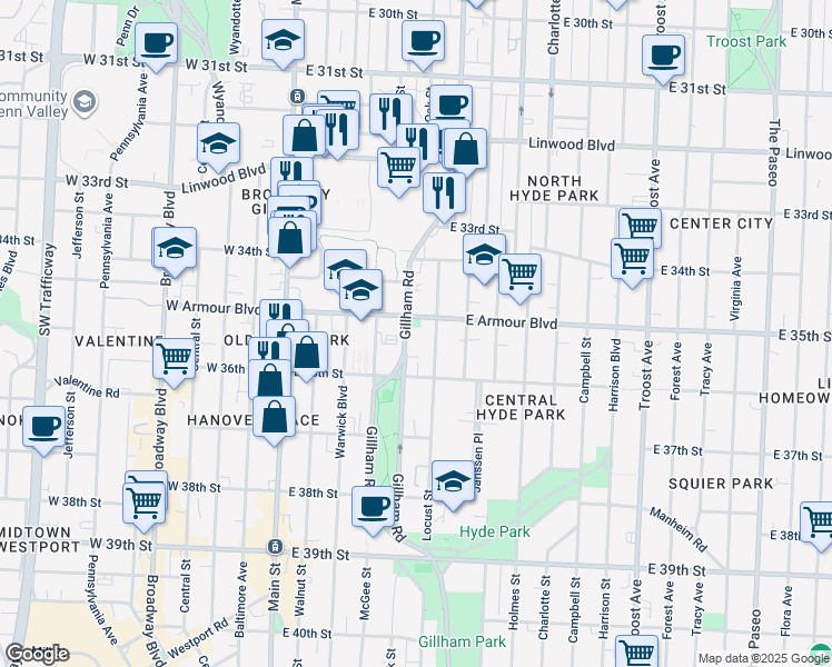 map of restaurants, bars, coffee shops, grocery stores, and more near 3507 Gillham Road in Kansas City