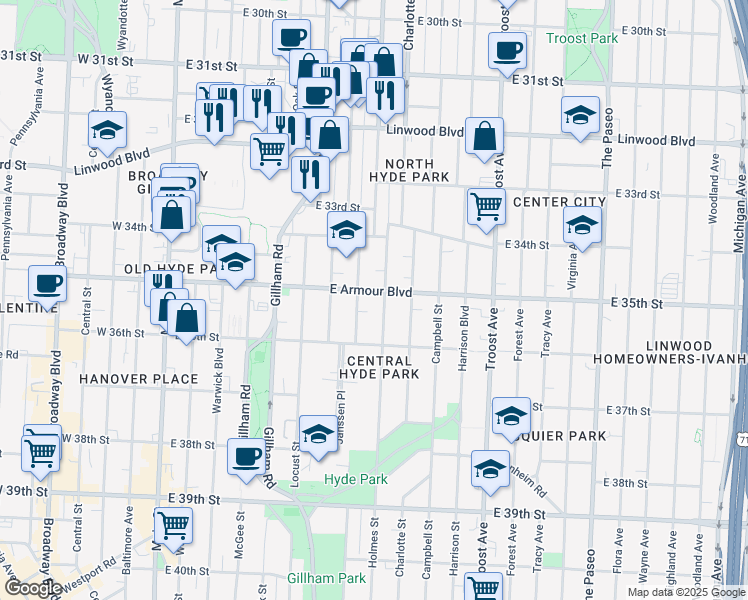 map of restaurants, bars, coffee shops, grocery stores, and more near 633 East Armour Boulevard in Kansas City