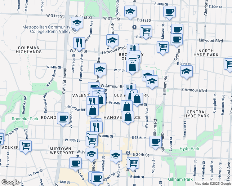 map of restaurants, bars, coffee shops, grocery stores, and more near 3507 Wyandotte Street in Kansas City