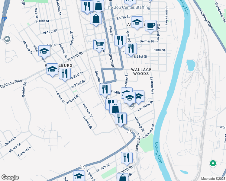 map of restaurants, bars, coffee shops, grocery stores, and more near 18 East 24th Street in Covington